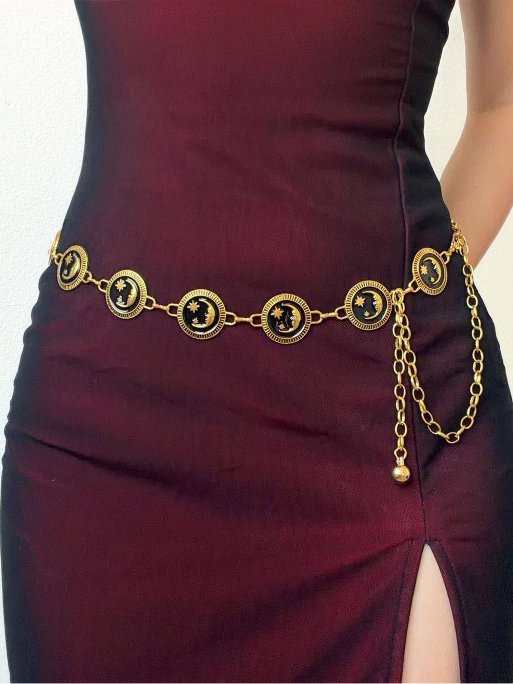 Gold and Black Gothic Whimsygoth Sun Moon Star Metal Chain Waist Chain Belt